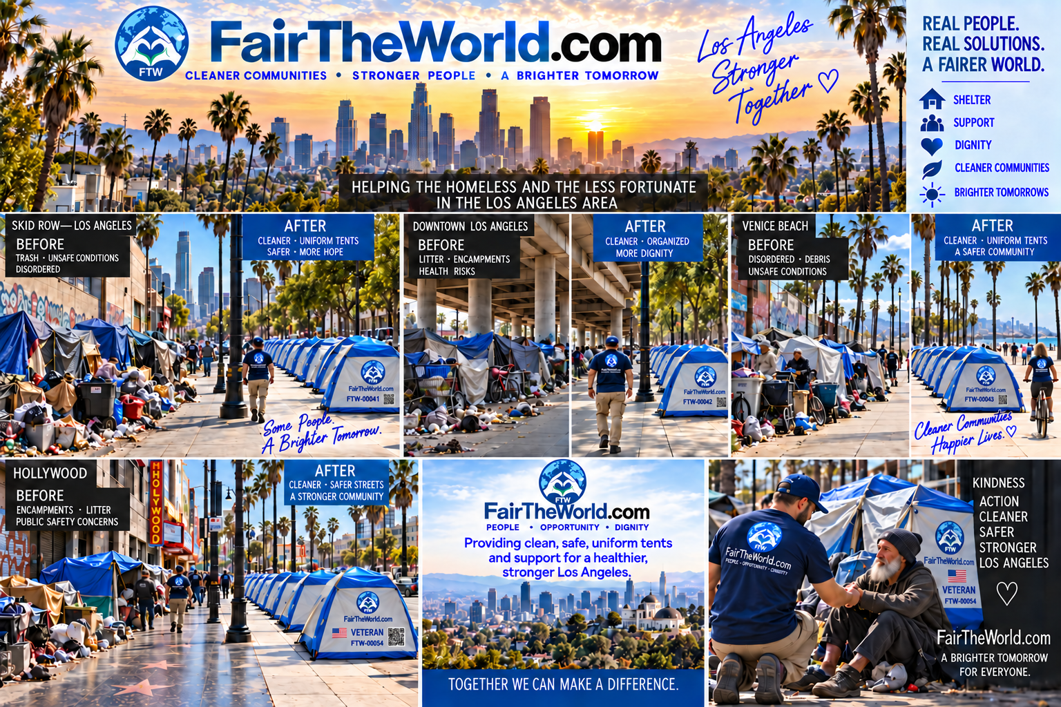 Fair The World Los Angeles outreach vision with uniquely numbered tents and QR-code labels