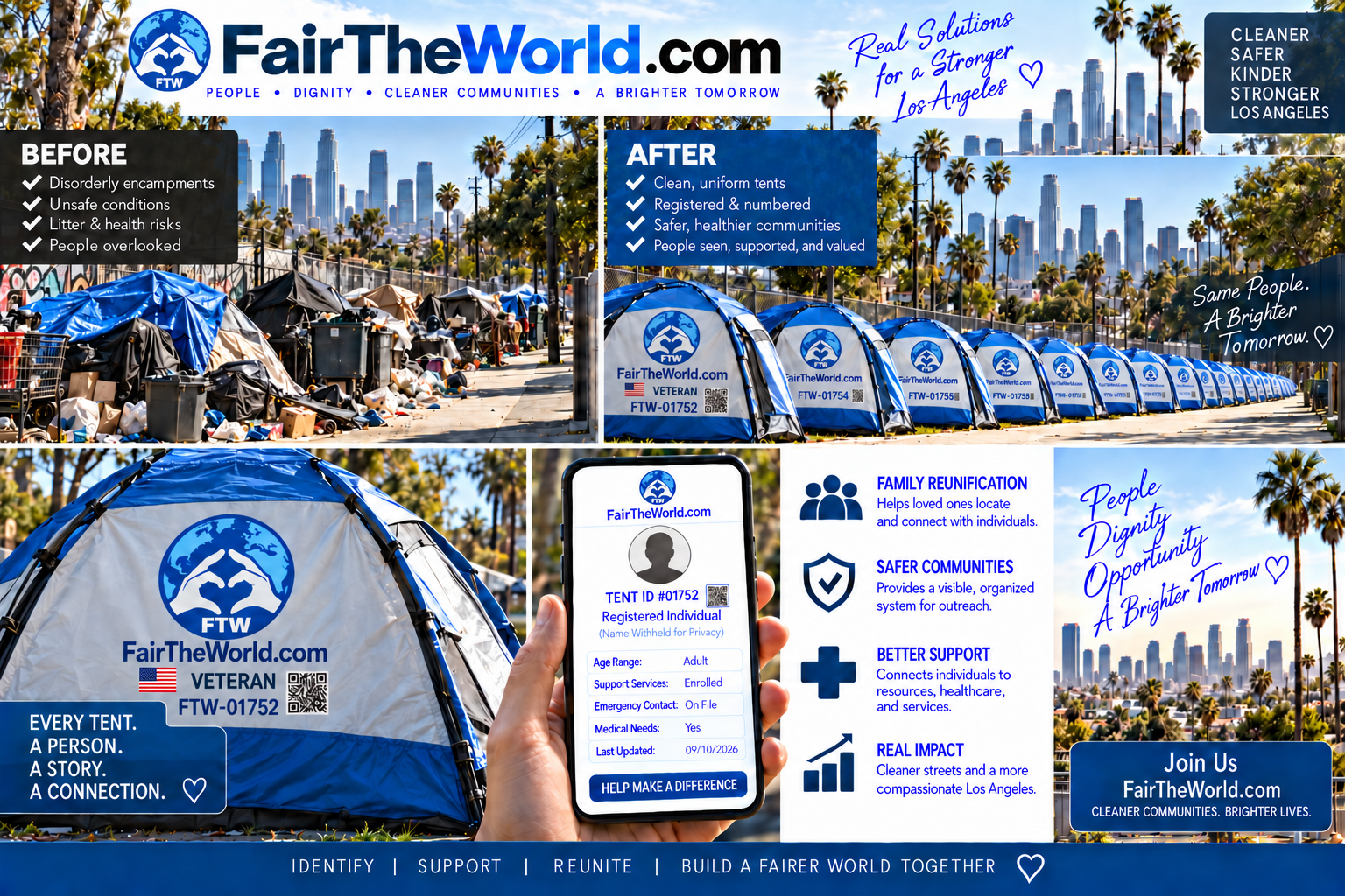 Concept of Fair The World outreach beside uniform numbered standard and veteran tents